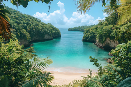 Scenic tropical cove featuring crystal-clear turquoise waters surrounded by lush greenery and rocky cliffs. the serene sandy beach and vibrant plant life create an idyllic setting perfect for travel enthusiasts and nature lovers. Generative AIの素材