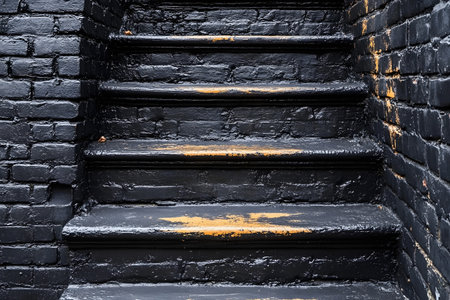 Industrial-style worn black brick stairs exhibit urban decay with chipped paint, creating a gritty texture and moody atmosphere. ideal for projects focusing on urban landscapes, architecture, or abstract design themes. Generative AIの素材