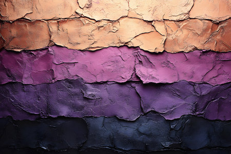 A visually striking composition featuring textured horizontal layers in earthy tones of tan and copper transitioning into rich purple and black. ideal for abstract art projects, backgrounds, or design inspiration. Generative AIの素材