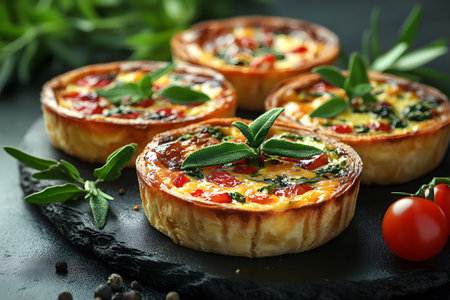 Four delicious mini quiches arranged on a slate platter, each topped with fresh herbs and vibrant vegetables. the golden crust and colorful toppings create an appetizing contrast, ideal for gourmet brunch gatherings or elegant appetizer spreads. Generative AIの素材