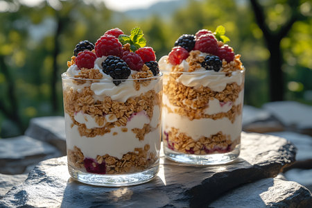 Two glasses filled with layers of creamy yogurt, crunchy granola, and fresh berries create a healthy and visually appealing parfait. set outdoors, this inviting treat is perfect for breakfast or a refreshing snack amidst nature. Generative AIの素材