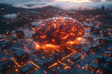 A large, glowing brain sits atop a detailed digital circuit board ...