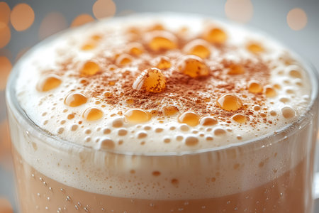 Creamy cappuccino topped with frothy milk and a dusting of cinnamon. the close-up highlights bubbles, creating a warm, inviting feel. ideal for coffee lovers, cafe promotions, or cozy home settings. Generative AIの素材