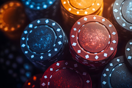 Colorful poker chips stacked tightly, showcasing vibrant hues of red, blue, and orange under ambient lighting. the close-up view highlights their textures and patterns, evoking themes of gaming, luck, and casino nightlife. Generative AIの素材