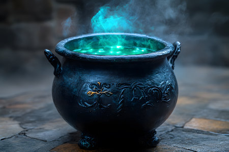 A large, ornate cauldron filled with a glowing, bubbling potion emits a mystical blue-green light. perfect for halloween settings, fantasy stories, or magical-themed decorations, the cauldron's detailed design adds to its enchanting allure. Generative AIの素材
