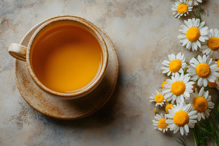 A soothing cup of chamomile tea is placed on a rustic surface, accompanied by fresh chamomile flowers, creating a serene and calming atmosphere perfect for relaxation, wellness, and natural health themes. Generative AIの素材