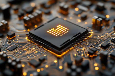 Close-up of a glowing microchip on a digital circuit board, intricate electronic pathways. perfect for themes of technology, computing, innovation, data processing, and futuristic electronic design. Generative AIの素材