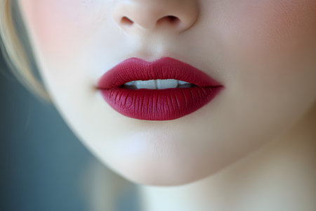 Close-up of feminine lips adorned with rich red lipstick, smooth skin and a flawless finish. perfect for beauty and fashion themes, emphasizing elegance, style, and cosmetic application. Generative AIの素材