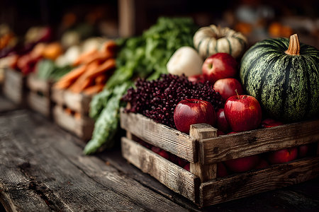 Rustic wooden crates filled with an assortment of autumn produce including apples, pumpkins, carrots, and leafy greens set on a wooden table. the vibrant colors and textures highlight the bounty of the season, perfect for market or farm-themed designs. Generative AIの素材
