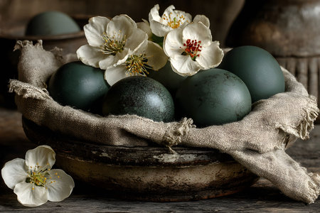 Black eggs with a textured surface sit nestled in a rustic wooden bowl, adorned with delicate white flowers. the arrangement lies atop a natural linen cloth, offering a vintage, earthy aesthetic perfect for easter celebrations or rustic design elements. Generative AIの素材