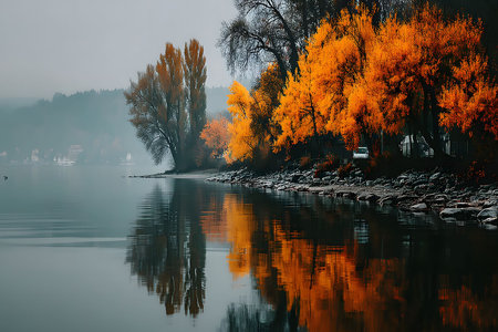 Tranquil autumn scene featuring a calm lake reflecting vibrant orange and yellow foliage. misty background and soft lighting enhance the serene ambiance, perfect for seasonal prints and nature-themed designs. Generative AIの素材
