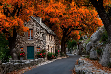 Stone cottage nestled among vivid autumn trees in a serene countryside setting. a winding road lined with fallen leaves guides the eye through the tranquil village, surrounded by natural beauty and picturesque scenery. Generative AIの素材