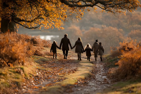 A family of six strolls hand-in-hand along a leaf-strewn forest path, surrounded by autumnal foliage. the peaceful setting essence of togetherness and the natural beauty of fall. Generative AIの素材