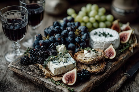 A rustic wooden board showcases a selection of gourmet cheeses, including blue and brie, accompanied by grapes, figs, blackberries, and crispy toast. two glasses of red wine complete this elegant dining setting, perfect for sophisticated gatherings. Generative AIの素材