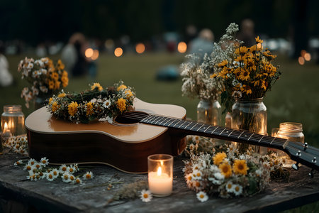 A serene outdoor summer gathering featuring a wooden guitar adorned with wildflowers, set on a rustic table surrounded by candles and floral arrangements. soft lighting and blurred background suggest a peaceful, relaxed ambiance. Generative AIの素材