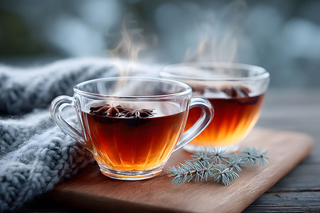 Clear glass cups filled with warm tea, garnished with star anise, emit steam that curls in the cool air. the setup is completed with a soft gray knit blanket and pine branches, creating a warm and inviting winter scene. Generative AIの素材