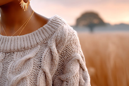 Close-up of a person wearing a chunky, cable-knit sweater, adorned with delicate necklaces and a statement earring. the warm tones of a golden field and soft sunrise set a cozy autumn fashion scene. Generative AIの素材
