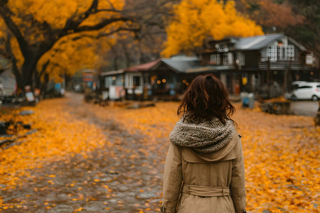 A person in a coat and scarf walks along a cobblestone path blanketed with vibrant autumn leaves. the scene serene ambiance of a small village with rustic buildings under golden foliage. Generative AIの素材