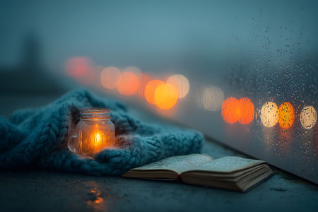 Warm ambiance with a flickering candle wrapped in a blue knit on a rainy evening. soft glow reflected on a misted window, alongside an open book, conveying tranquility and leisure. Generative AIの素材