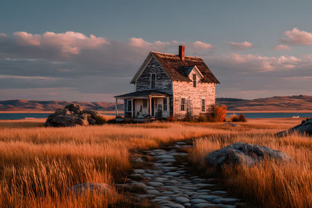 A lonely, weathered house stands amidst golden fields under a dramatic sky. the stone path leading to the entrance adds a touch of mystery, while the autumn hues evoke a sense of nostalgia and tranquility. Generative AIの素材