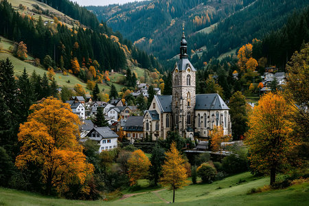 Idyllic alpine village nestled in a valley surrounded by majestic mountains and vibrant autumn foliage. a historic church stands as the centerpiece, symbolizing cultural heritage and community spirit amid the harvest season. Generative AIの素材