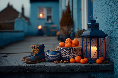 A rustic porch scene featuring a decorative lantern emitting warm light, a pair of blue boots with orange laces, a collection of fresh oranges, and a patterned bowl. ideal for showcasing autumn-themed home decor or a welcoming seasonal atmosphere. Generative AIの素材