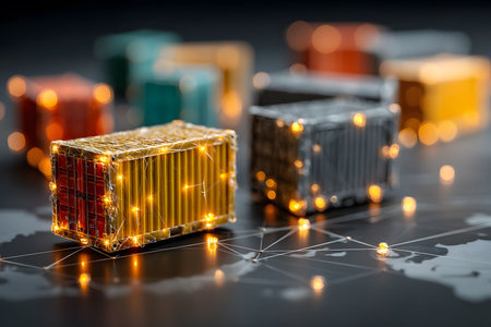 Stylized cargo containers lit with golden lights signify a vibrant global shipping network. positioned on a digital map, the scene symbolizes international trade, logistics innovation, and connectivity in modern commerce. Generative AIの素材