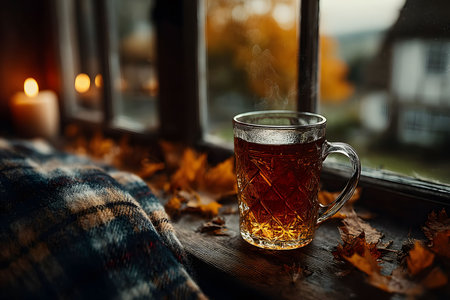 A steaming mug of tea rests on a windowsill adorned with fallen autumn leaves, set against a soft, blurred background of candlelight and a cozy blanket. the scene evokes warmth and tranquility, perfect for autumn themes. Generative AIの素材