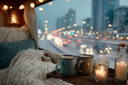 Warm ambiance inside a camper van, featuring two mugs of hot beverage and candlelight against a backdrop of a city lit by streetlights and traffic in the rain. the cozy setting invites relaxation and travel inspiration during wintertime. Generative AIの素材