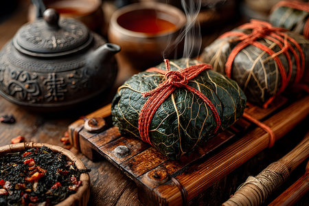 Traditional tea leaf wrapped gifts with vibrant red twine are set against a rustic wooden table. surrounding the scene are steaming cups of tea, a detailed teapot, and a small dish of loose tea leaves, evoking a sense of warmth and tradition. Generative AIの素材
