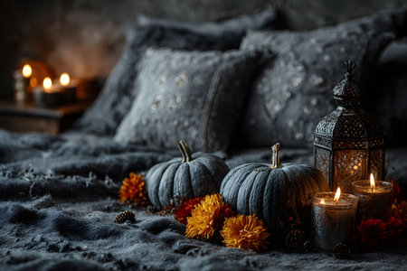 Elegant autumn-themed bedroom setting featuring gray pumpkins, flickering candles, and vibrant orange flowers. a vintage lantern adds a rustic touch, enhancing the warm ambiance perfect for halloween or fall inspiration. Generative AIの素材