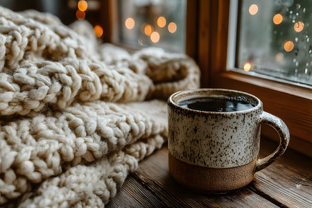 A speckled ceramic mug filled with hot coffee sits on a rustic wooden table by a rain-streaked window. beside it, a chunky knit blanket adds warmth, with soft bokeh lights enhancing the cozy winter ambiance. Generative AIの素材