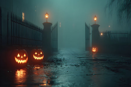 Eerie halloween scene featuring glowing jack-o'-lanterns illuminating a foggy alley. dim street lamps, wet pavement, and an ornate gate enhance the mysterious, atmospheric night setting, perfect for halloween inspirations and designs. Generative AIの素材