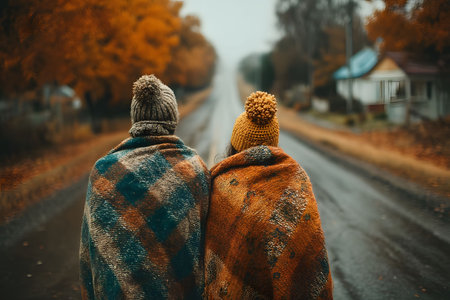 A couple wrapped in warm blankets, wearing knitted hats, walks down a deserted country road lined with vibrant autumn trees. the overcast sky and the earthy colors evoke a sense of warmth and tranquility, ideal for seasonal cards or nature-themed projects. Generative AIの素材