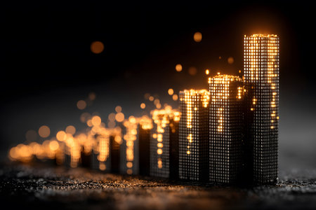 A cityscape at night featuring skyscrapers adorned with warm glowing lights. the scene exudes an urban atmosphere with a focus on architectural design, making it ideal for projects centered on modern city life or night imagery. Generative AIの素材