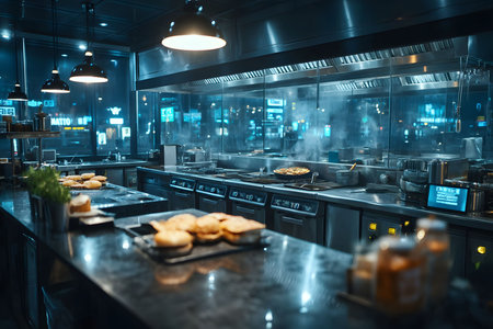 A professional industrial kitchen with sleek surfaces and ambient lighting. stainless steel equipment lines the space, with soft blue tones creating a clean, modern atmosphere, ideal for culinary production. Generative AIの素材