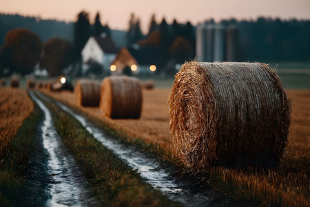 Scenic rural landscape featuring large hay bales lined along a muddy dirt road at sunset. soft evening light casts a warm glow, enhancing the picturesque farm setting with distant trees and a cozy farmhouse. Generative AIの素材
