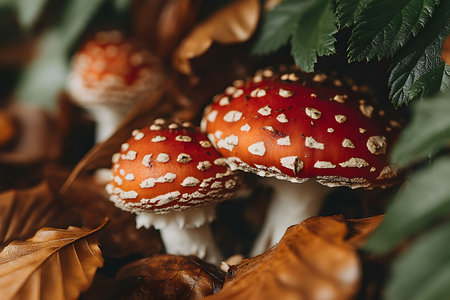 Fly agaric mushrooms with their distinctive red caps and white spots nestled among fallen leaves and green foliage. the vibrant autumn colors and natural setting provide a captivating view of forest life. Generative AIの素材