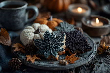 Assorted leaf-shaped cookies decorated with autumn-inspired frosting are artfully arranged on a rustic plate, surrounded by fall leaves, pinecones, and lit candles, creating a warm, inviting seasonal ambiance perfect for cozy gatherings. Generative AIの素材