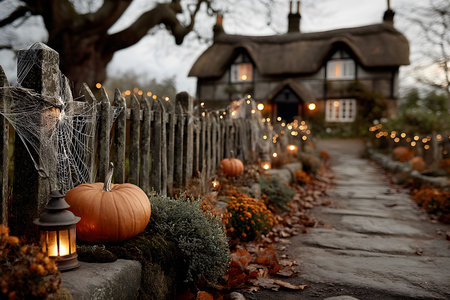 Rustic cottage adorned with pumpkins and twinkling lights along a stone path. spiderwebs create a halloween ambiance, while autumn foliage enhances the cozy, enchanting scene, perfect for seasonal celebrations and decorations. Generative AIの素材