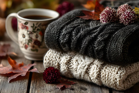 A warm autumn scene featuring a stack of cozy knit sweaters in black and white, accented with fall leaves and flowers. a floral mug filled with coffee sits nearby, creating a perfect autumnal setting for relaxation and warmth. Generative AIの素材