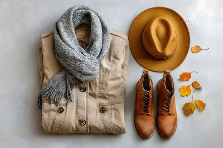 Flat lay of autumn fashion essentials featuring a stylish beige coat, a gray knitted scarf, a brown hat, and matching leather boots, complemented by scattered yellow leaves on a neutral background. perfect for seasonal styling inspiration. Generative AIの素材