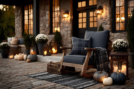 Warm and inviting autumn porch scene featuring a cozy chair with plaid pillows, surrounded by pumpkins, chrysanthemums, and lanterns. soft candlelight enhances the rustic stone background, creating a serene outdoor atmosphere ideal for seasonal decor inspiration. Generative AIの素材