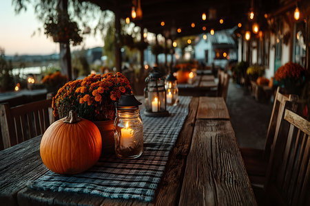 A charming rustic terrace set for an autumn evening, featuring wooden tables adorned with pumpkins and flickering lanterns. soft evening light enhances the seasonal ambiance, perfect for a cozy gathering. Generative AIの素材