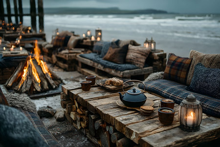 A rustic beachfront setting features wooden furniture decorated with plaid cushions, a kettle with teacups on a wooden table, and a warm bonfire. lanterns add to the ambient lighting against a misty coastal backdrop. Generative AIの素材