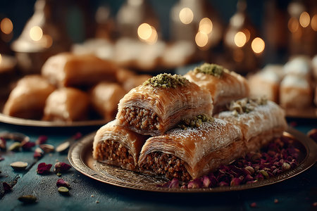 Rich layers of flaky baklava adorned with crushed pistachios, elegantly presented on a detailed plate. the background features bokeh lights and additional pastries, creating a warm, inviting atmosphere ideal for celebratory feasts or culinary appreciation. Generative AIの素材