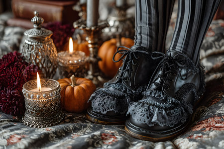 A cozy vintage halloween setting featuring intricately designed candles and small pumpkins. the scene is accentuated by gothic fashion shoes on a richly patterned fabric, surrounded by ornate decor and autumnal colors. Generative AIの素材