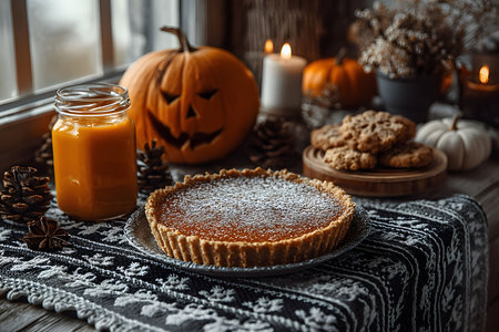A festive halloween setup featuring a pumpkin tart dusted with powdered sugar, surrounded by pumpkins, pinecones, and lit candles. the warm, cozy atmosphere is enhanced by rustic textures and fall-themed decor on a wooden table. Generative AIの素材