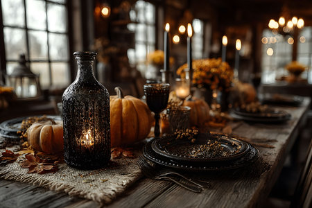 Candlelit dining table adorned with pumpkins and seasonal decor, creating a warm and inviting atmosphere. elegant tableware and rustic elements harmonize, perfect for a cozy thanksgiving celebration or autumn dinner gathering. Generative AIの素材
