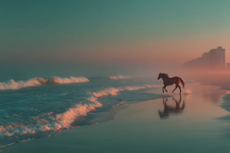 A lone horse gracefully gallops along a tranquil beach with gentle waves and a vibrant sunrise sky. urban buildings in the background provide contrast, enhancing the wild and serene atmosphere of this breathtaking moment. Generative AIの素材